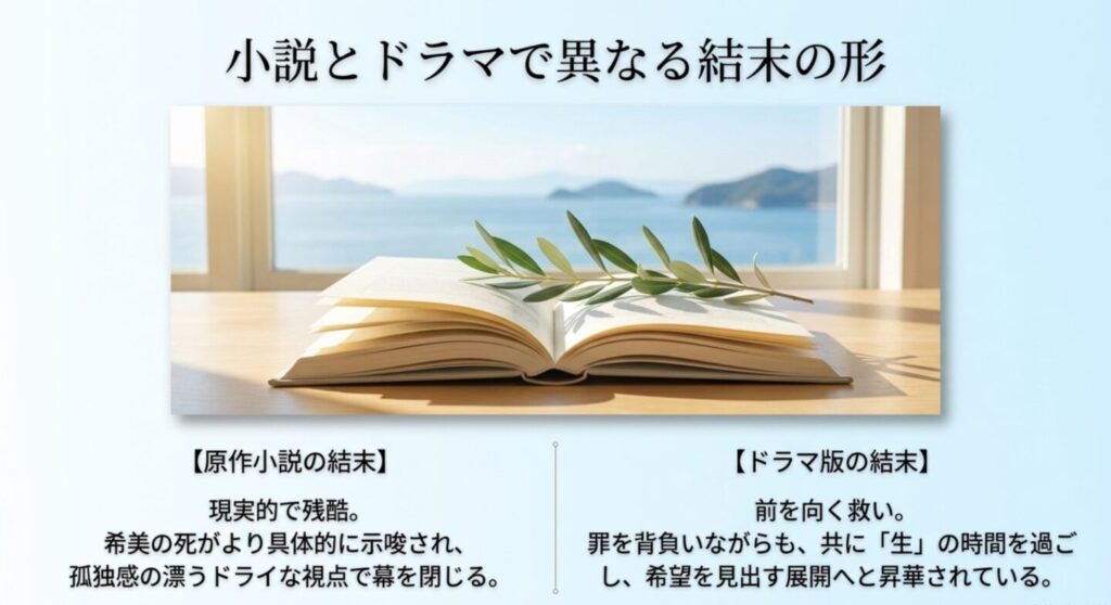 ドラマと原作の違い。希美の生死感、成瀬の役割、救いの有無（ドラマは前を向く結末）。