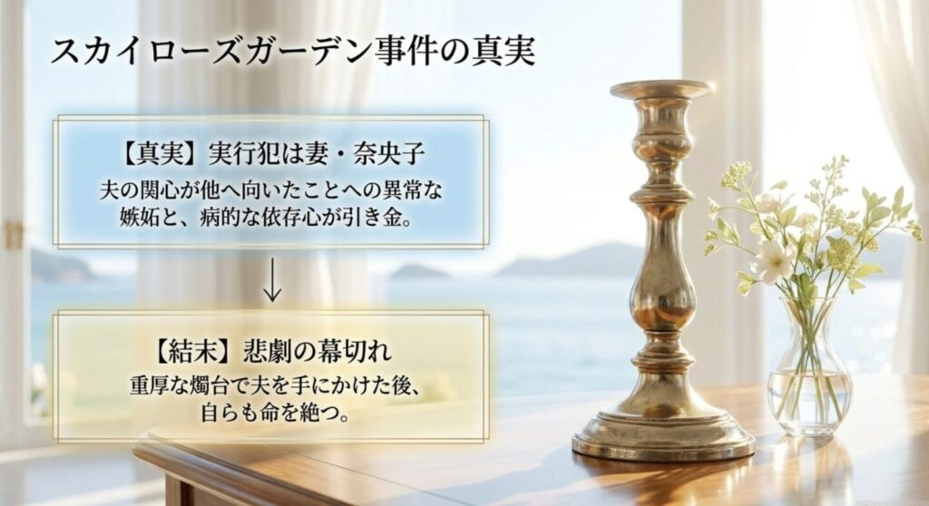 事件の真相図。実行犯は奈央子（野口貴弘殺害）、西崎は身代わり。希美と成瀬は協力。