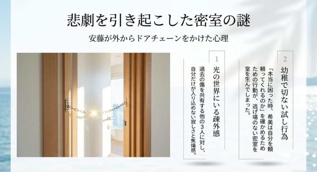 安藤がチェーンをかけた理由。嫉妬と疎外感。希美の嘘（安藤を守るため）との関係図。