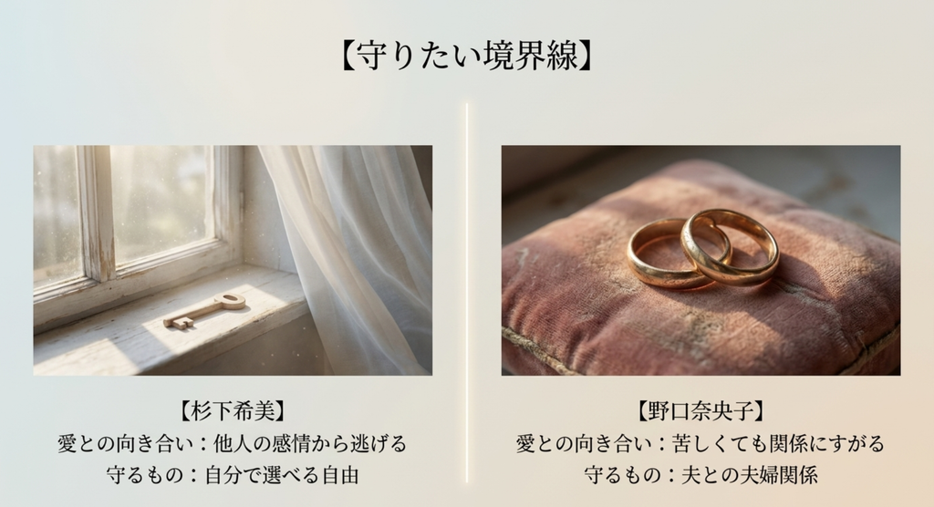 杉下希美は自分で選べる自由を守り、野口奈央子は夫との夫婦関係を守ろうとする違いを比較した図