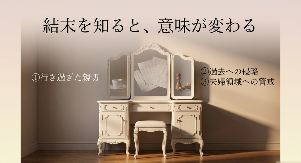 ドレッサーの意味が行き過ぎた親切から過去への侵入、夫婦領域への警戒へと結末後に変化して見えることを示した図
