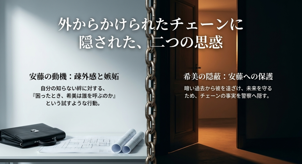 安藤が外からチェーンをかけた動機と希美がその事実を隠した理由を対比した図