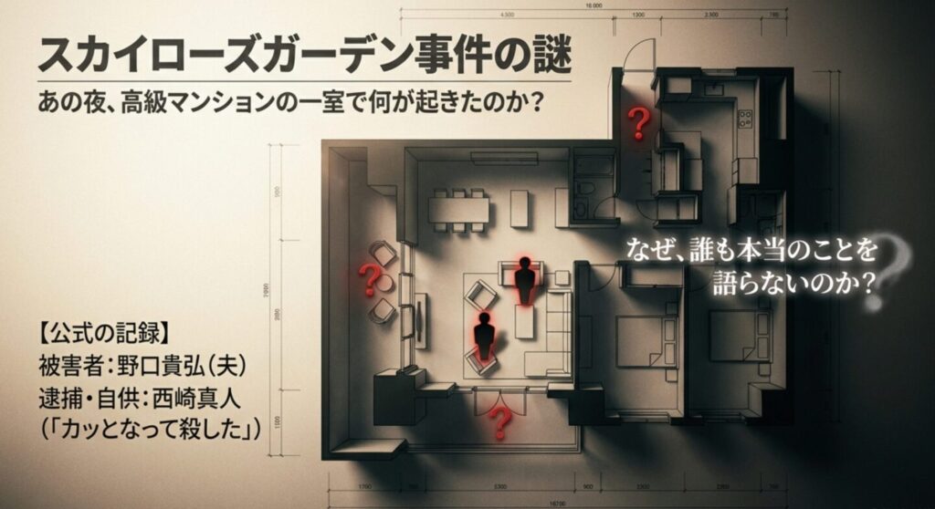 事件現場となった高級マンションの間取り図と、事件当日の配置および「なぜ誰も本当のことを語らないのか」という問いかけ