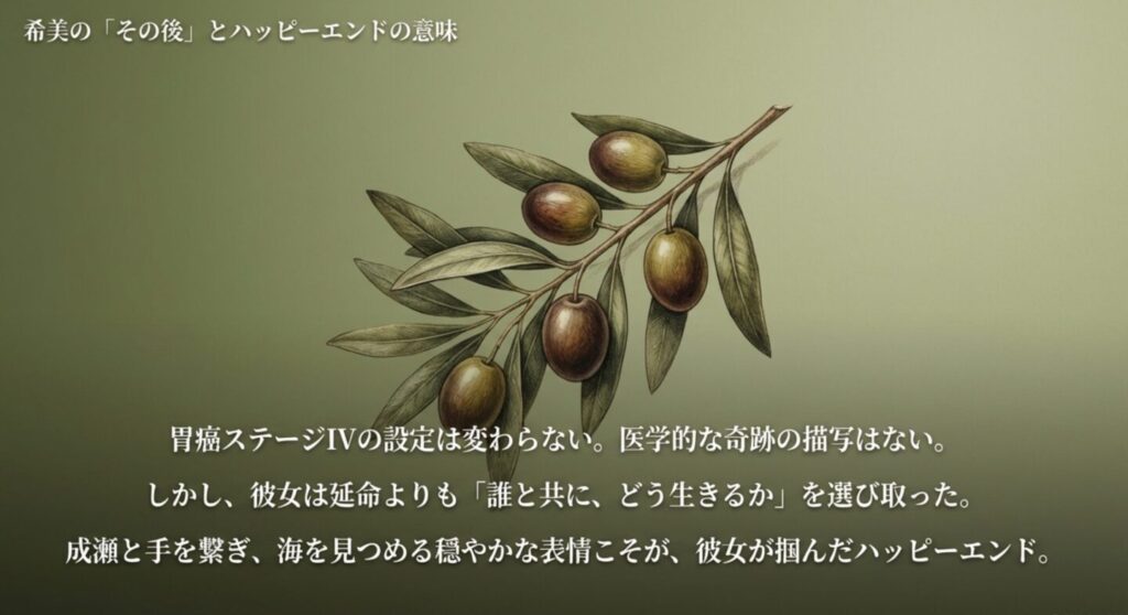 オリーブのイラストとともに、延命ではなく「誰と共に生きるか」を選んだ希美の幸福についての解説