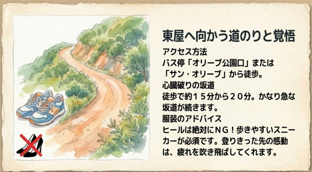 東屋へ向かう急な坂道と歩きやすいスニーカーを推奨するイラスト