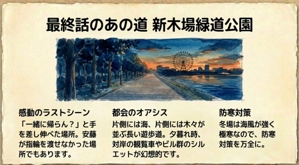 新木場緑道公園の長い道と夕暮れ時のエモーショナルな風景イラスト
