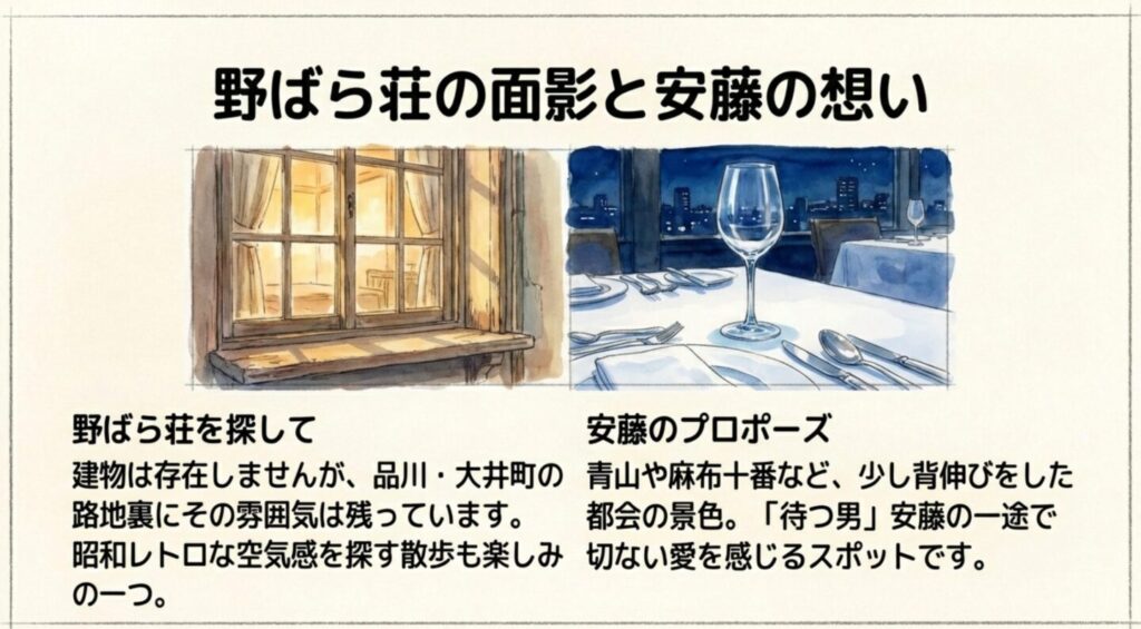 野ばら荘の窓辺の雰囲気と安藤が用意したディナーのイメージイラスト