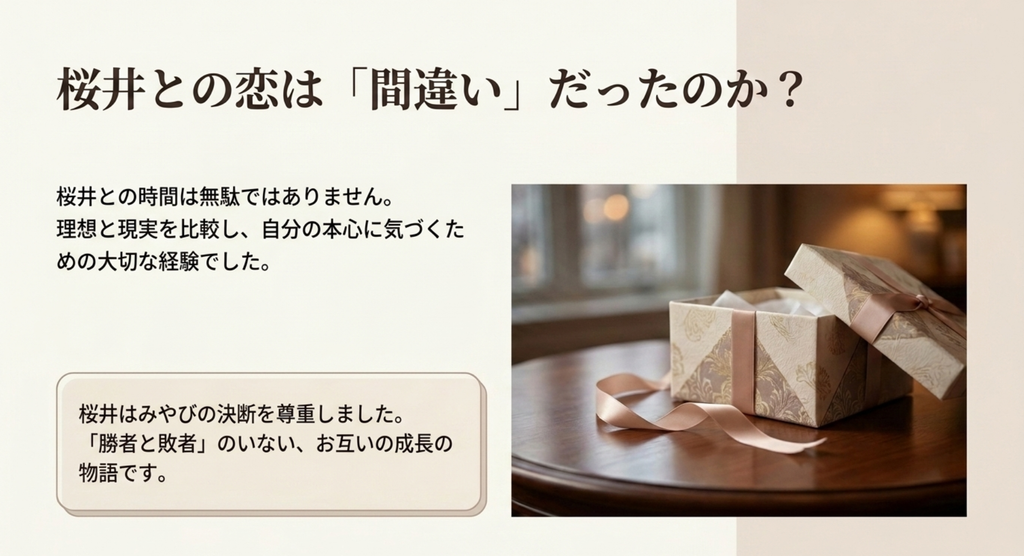 桜井との恋を勝ち負けではなく、みやびが理想と現実を比べて自分の本心に気づくための大切な経験として表したスライド