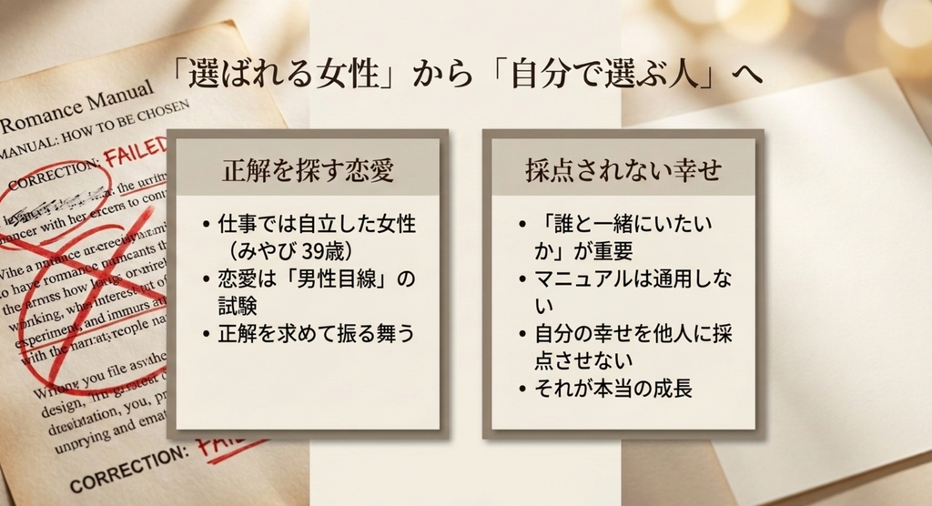 恋愛の正解を探し男性から選ばれようとしていたみやびが、自分の幸せを自分で選べる人へ成長したことを表したスライド