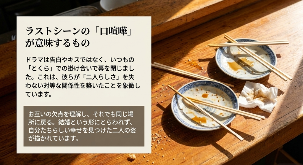最終回の料理店とくらで、告白やキスではなくいつもの口喧嘩をするみやびと十倉の対等な関係を表したスライド