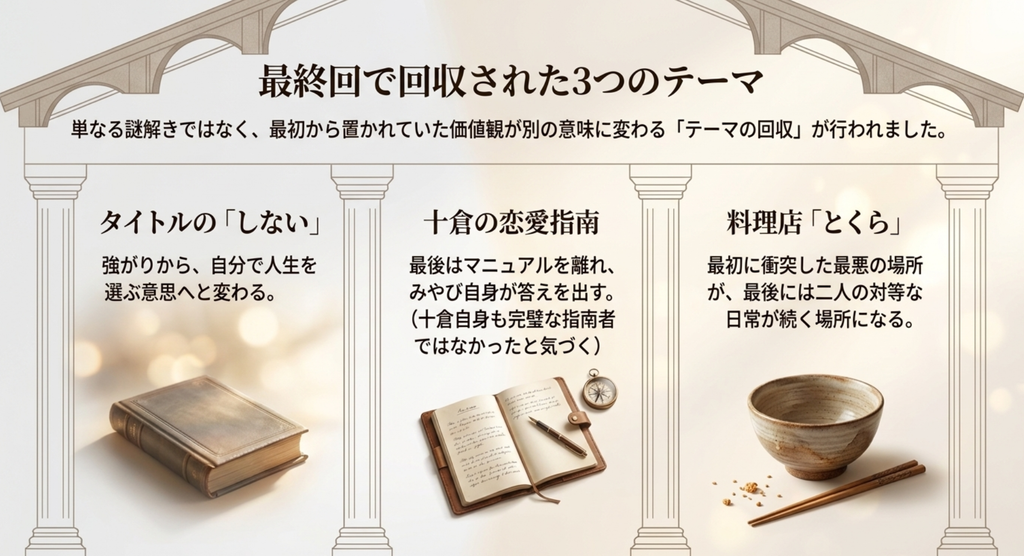 『私 結婚できないんじゃなくて、しないんです』最終回で、タイトルの意味、十倉の恋愛指南、料理店とくらという3つのテーマが回収されたことを示すスライド