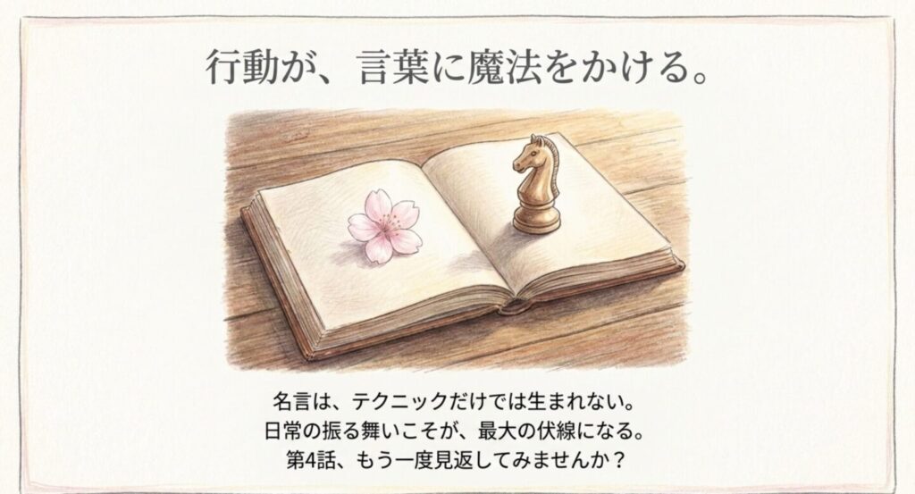 桜の花とチェスの駒を載せた本で行動が言葉に力を与えることを表現したまとめスライド