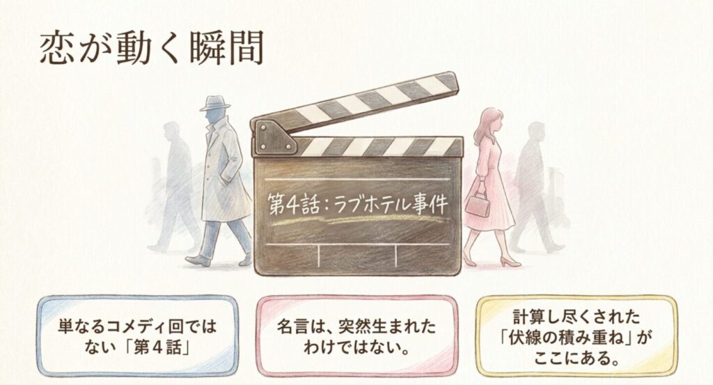 やまとなでしこ第4話ラブホテル事件が桜子と欧介の恋の転換点であることを示すスライド