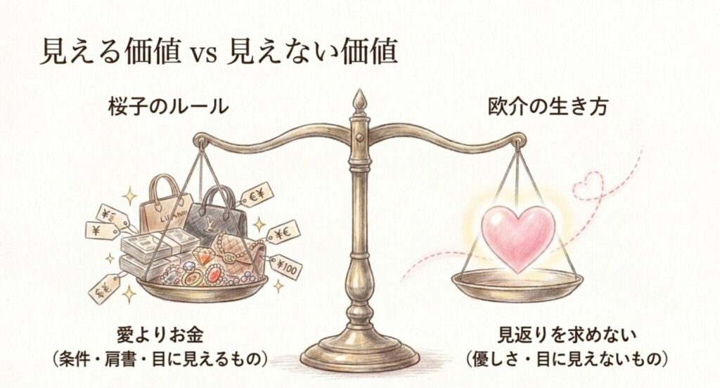 桜子が重視するお金や肩書と欧介の見返りを求めない優しさを天秤で比較した図