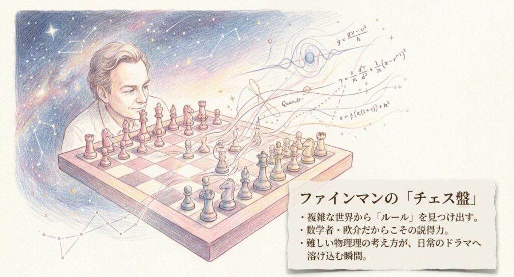 ファインマンとチェス盤を描き世界のルールを探す比喩と欧介の数学者としての背景を示すスライド