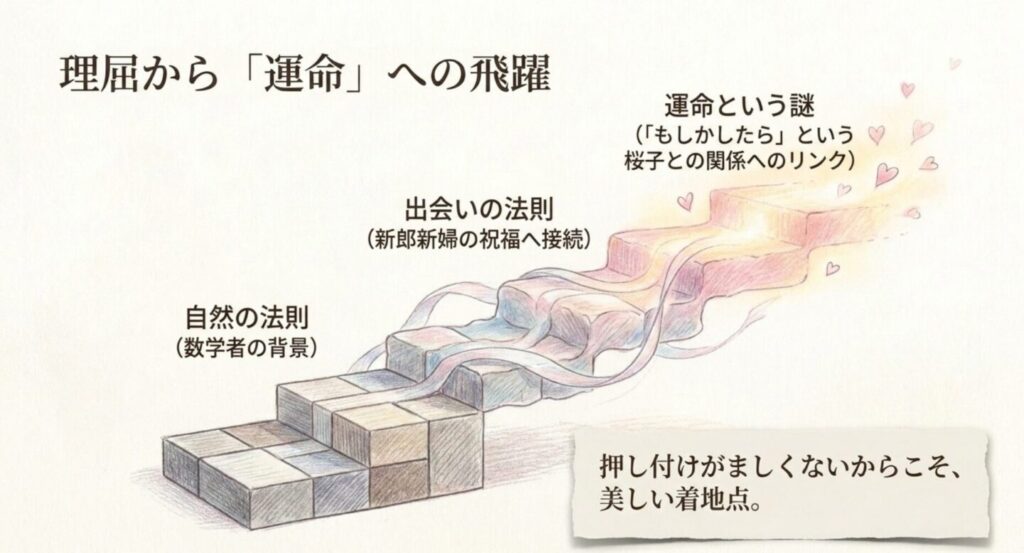 自然の法則から出会いの法則を経て運命へつながる欧介のスピーチ構造を階段で示した図
