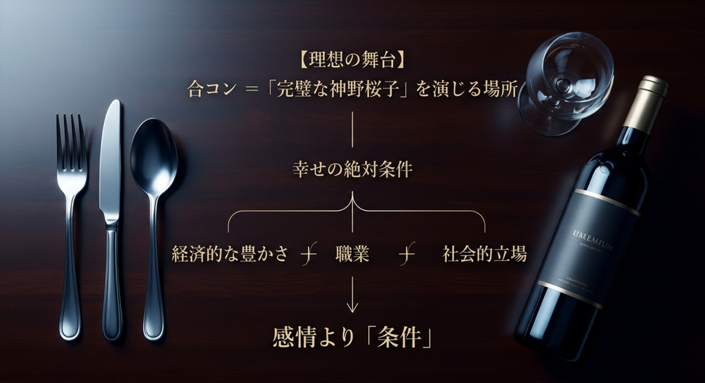 『やまとなでしこ』で合コンを「完璧な神野桜子」を演じる舞台として、経済的豊かさ・職業・社会的立場を幸せの条件にする構図を示したスライド