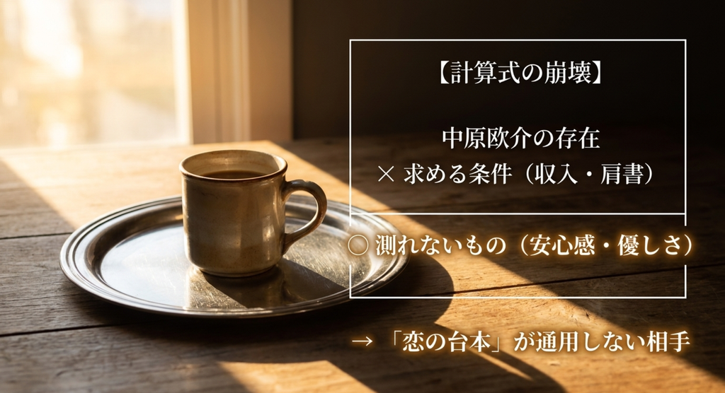 『やまとなでしこ』で中原欧介が桜子の求める収入や肩書という条件には当てはまらず、安心感や優しさという測れない価値によって恋の計算式を崩していくことを示したスライド