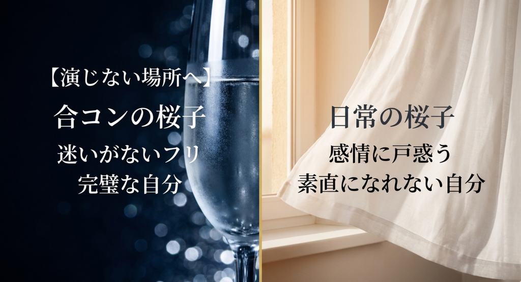 『やまとなでしこ』の合コンで迷いなく完璧な自分を演じる桜子と、日常では感情に戸惑い素直になれない桜子を対比したスライド