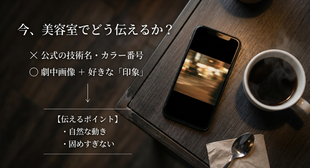 『ビューティフルライフ』のキムタク髪型を現在の美容室で伝える際は、未確認の技術名やカラー番号ではなく劇中画像と自然な動き・固めすぎない印象を共有する方法を示したスライド