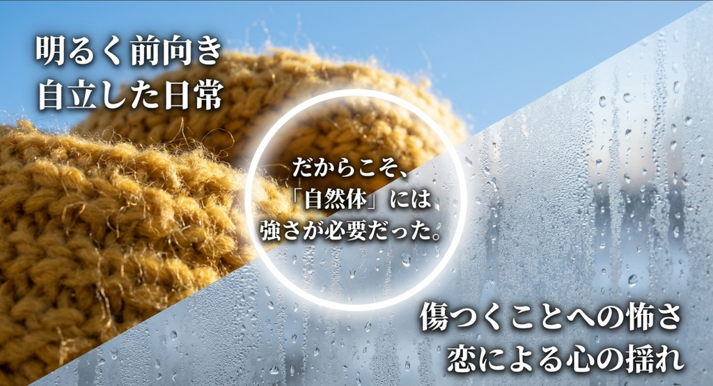 『ビューティフルライフ』町田杏子の明るく自立した日常と、傷つくことへの怖さや恋による心の揺れを対比し、自然体でいるための強さを表したスライド