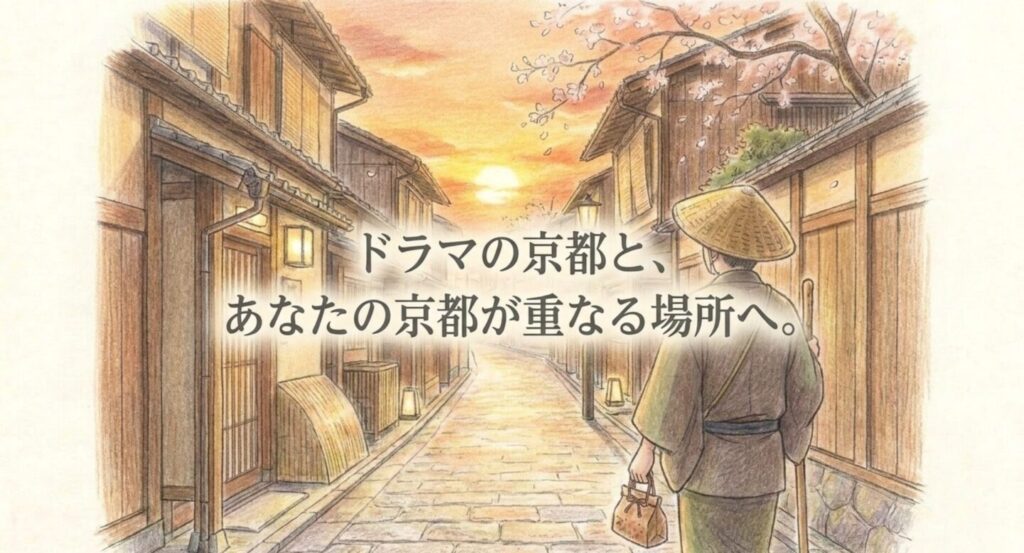 夕暮れの京都の路地を歩きながらドラマの京都と自分が歩く京都が重なる聖地巡礼を表現したスライド