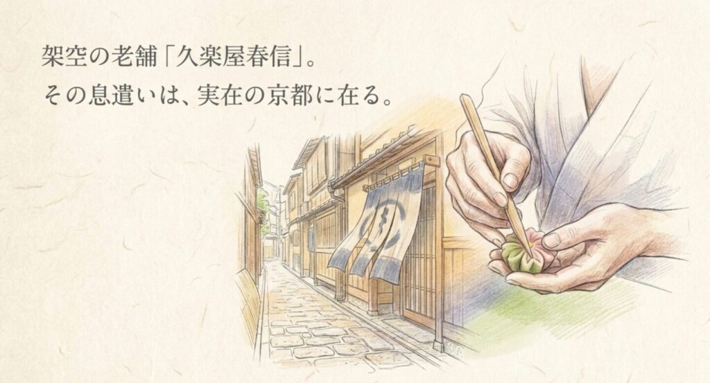 架空の老舗久楽屋春信と実在する京都の町並みや和菓子職人の手仕事を重ねたスライド