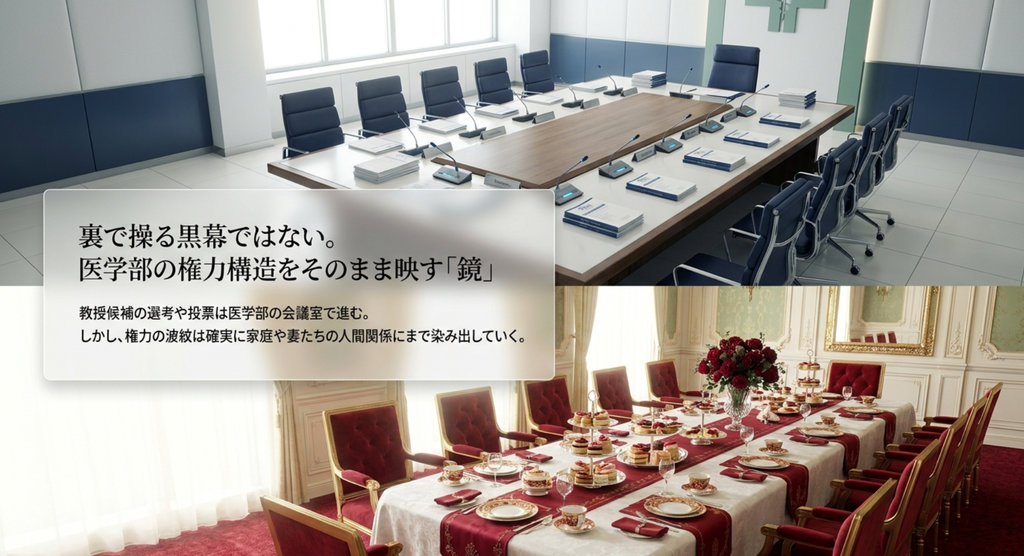 医学部の教授会とくれない会を対比し、くれない会が教授選を裏で操る組織ではなく大学の権力構造を映す鏡であることを示したスライド