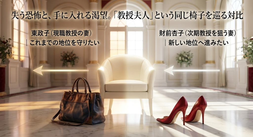 現職教授の妻として地位を失うことを恐れる東政子と、次期教授の妻として新しい地位へ進もうとする財前杏子の対比を表したスライド