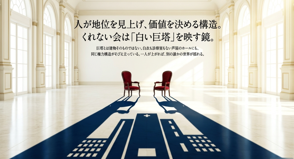 人が地位を見上げて互いの価値を決める構造が病院だけでなく夫人会にも存在し、くれない会が白い巨塔を映す鏡であることを表したスライド