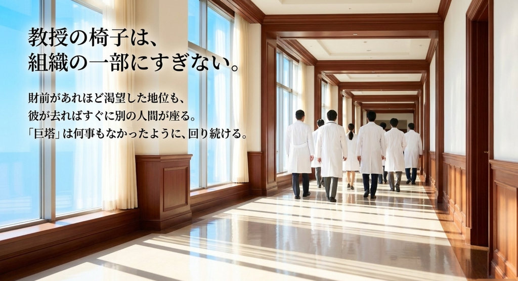 財前が渇望した教授の地位も、彼が亡くなれば別の人間が座り、浪速大学という白い巨塔は何事もなかったように動き続けることを表したスライド