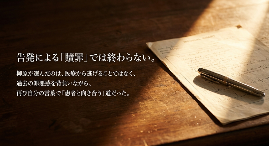 過去に財前の権力へ流され沈黙した柳原が、医療から逃げず、罪悪感を背負いながら自分の言葉で患者と向き合う道を選んだことを表したスライド