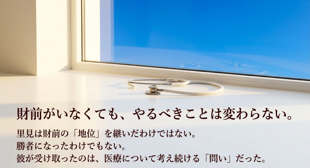 財前がいなくなっても里見の医師としての姿勢は変わらず、地位や勝敗ではなく医療について考え続ける問いを受け取ったことを表したスライド