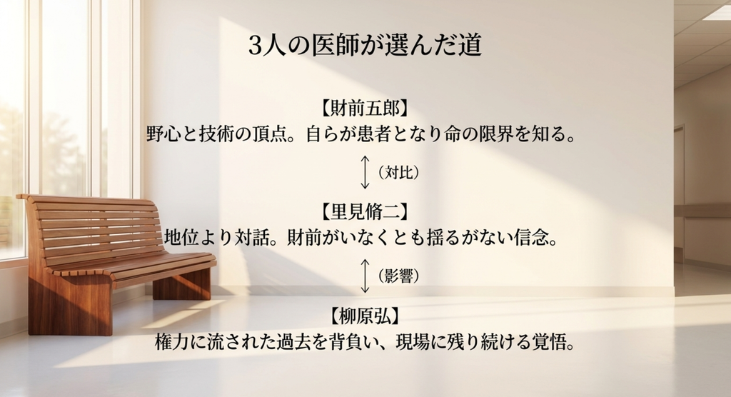 財前五郎、里見脩二、柳原弘がそれぞれ野心と技術、患者との対話、過去を背負って現場に残る覚悟という異なる道を選んだことを整理したスライド
