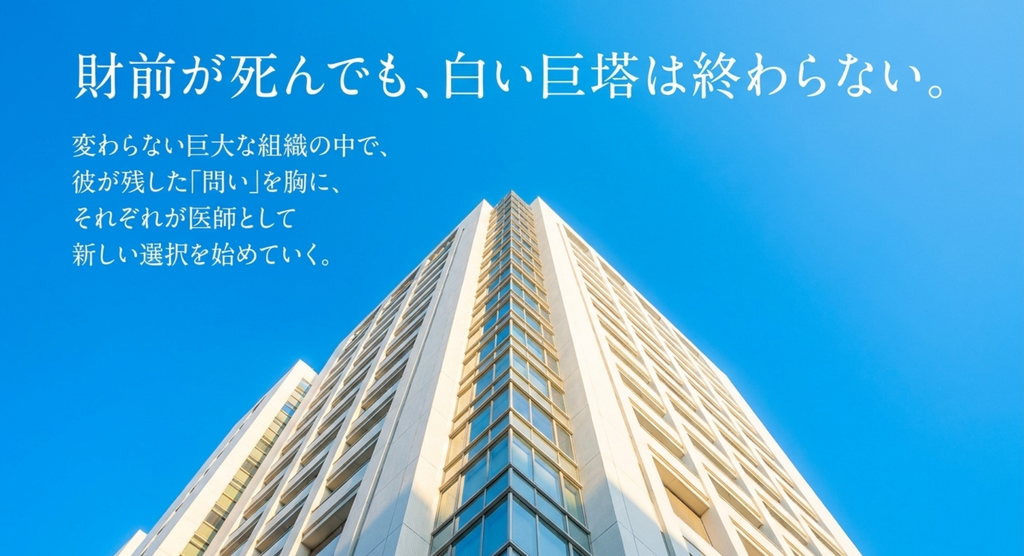 財前五郎が亡くなっても巨大な大学病院は続き、彼が残した問いを胸に里見や柳原たちが医師として新しい選択を始めていくことを表した結論スライド