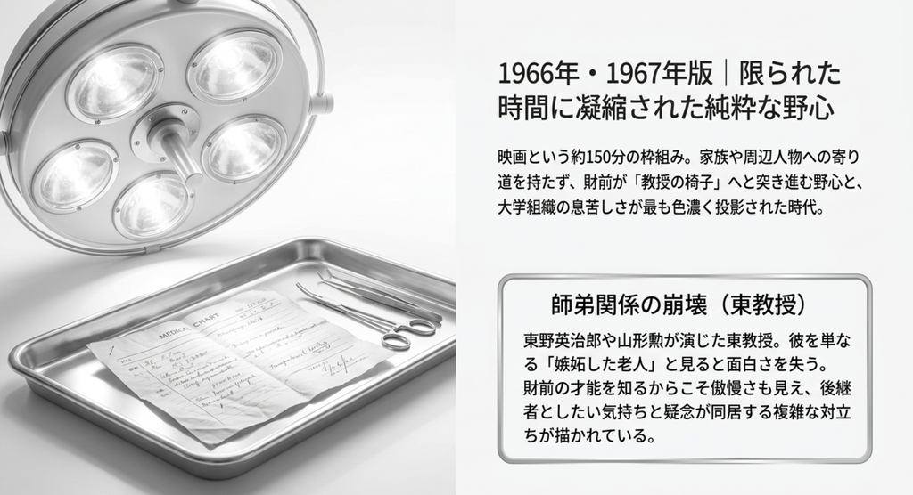 『白い巨塔』1966年映画版と1967年テレビ版を通して、財前五郎の教授への野心と東教授との複雑な師弟関係を整理したスライド