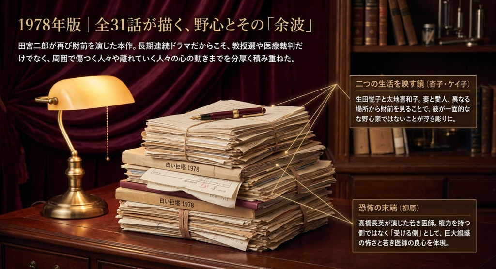 1978年版『白い巨塔』が全31話を通して財前五郎の教授選や医療裁判だけでなく、杏子・ケイ子・柳原など周囲の人々への余波まで描いたことを表すスライド