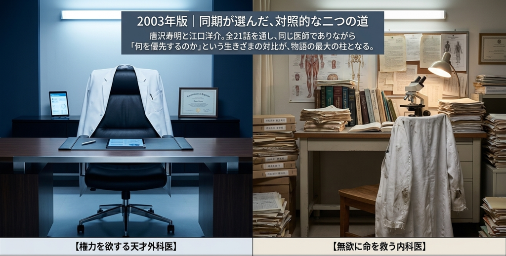 2003年版『白い巨塔』で唐沢寿明演じる財前五郎と江口洋介演じる里見脩二が、同じ医師でありながら権力と患者をめぐって異なる道を選ぶことを表したスライド