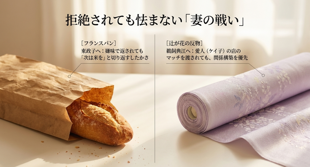 東家へのフランスパンと鵜飼典江への辻が花の反物を通して、財前杏子が教授選のため自ら人間関係を築こうと動いたことを示すスライド