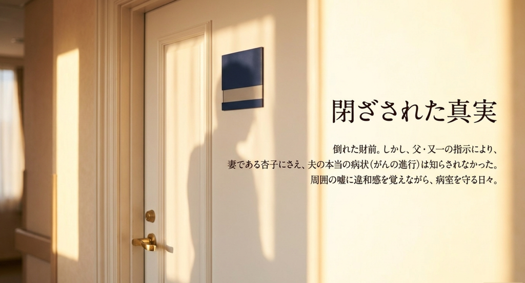 財前五郎の病状が悪化する中、又一の意向によって妻・杏子にも本当の病状が知らされず、病室の外側に置かれたことを表すスライド