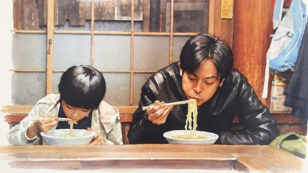 健太が深夜食堂を訪れラーメンを頼むシーン