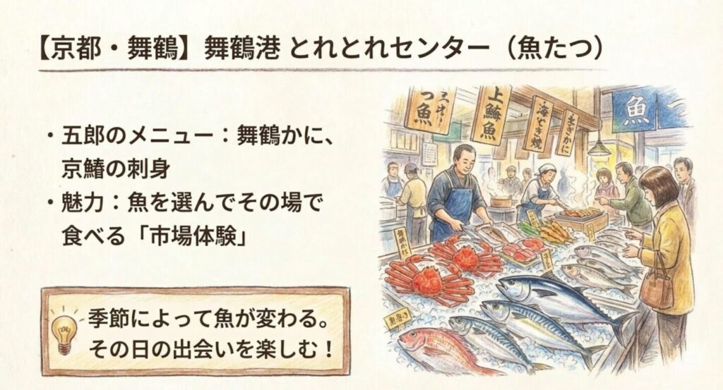 舞鶴かにと京鰆の刺身など海の幸を味わう舞鶴港とれとれセンターの市場体験イメージ