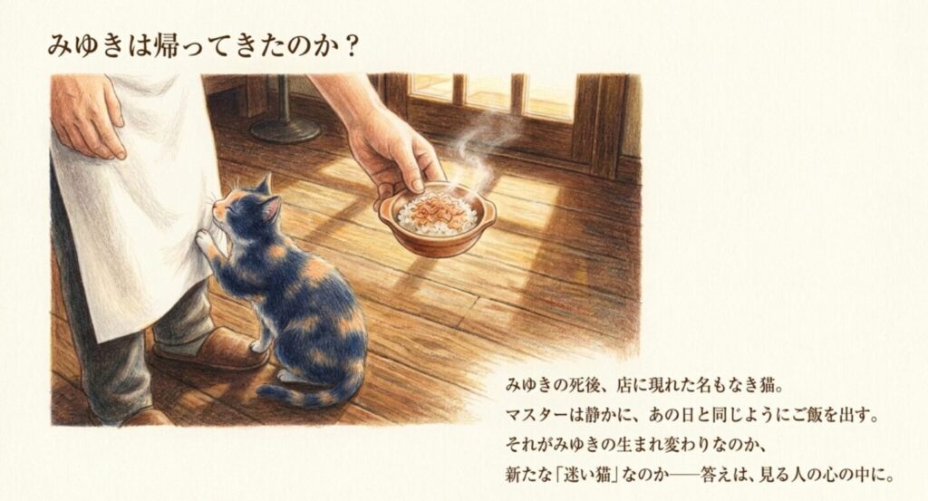 マスターが一匹の猫に猫まんまを差し出す第2話のエピローグを描いたスライド