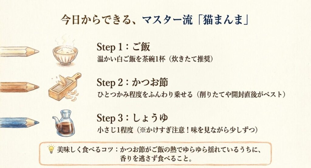 温かい白ご飯、かつお節、しょうゆで作る深夜食堂の猫まんま再現手順