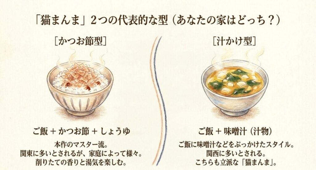 かつお節としょうゆを使う猫まんまと味噌汁などをかける猫まんまの二つの型を比較した図