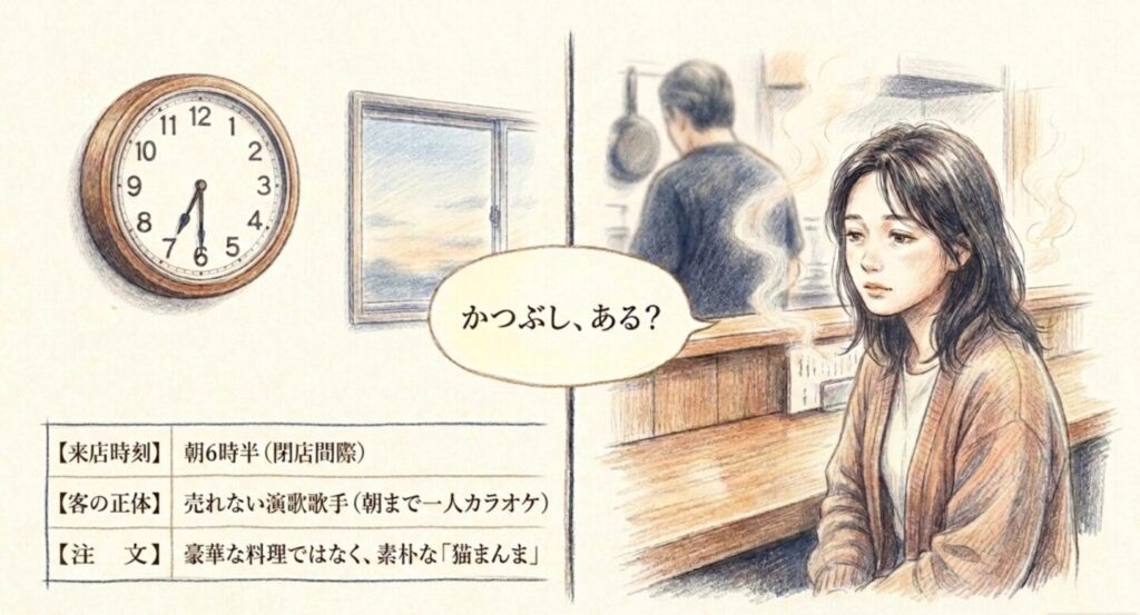 朝6時半にめしやを訪れた千鳥みゆきが猫まんまを頼む場面を整理したスライド