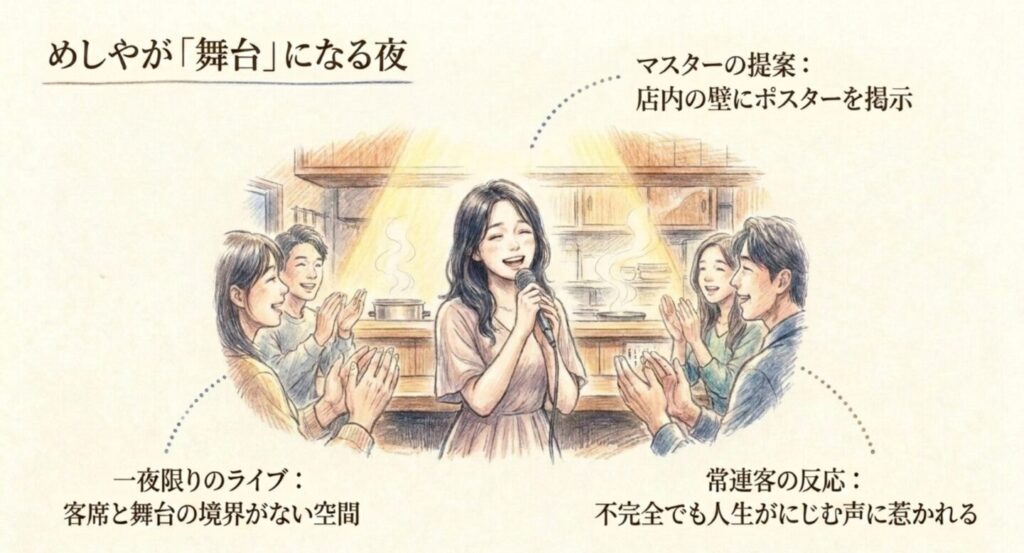 深夜食堂の店内で千鳥みゆきが歌い常連客が拍手する転機の場面