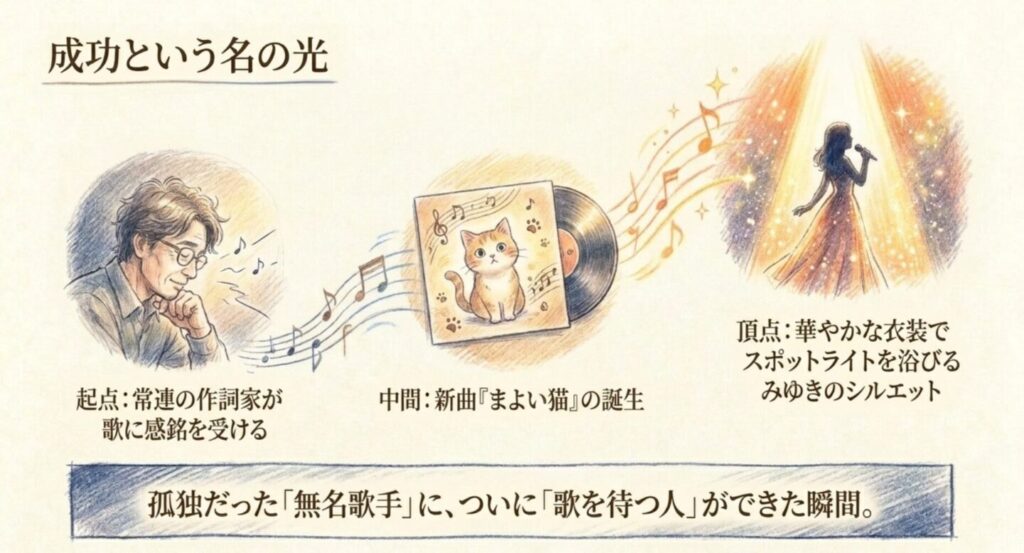 作詞家の先生から贈られた新曲まよい猫がヒットして千鳥みゆきが成功する流れ