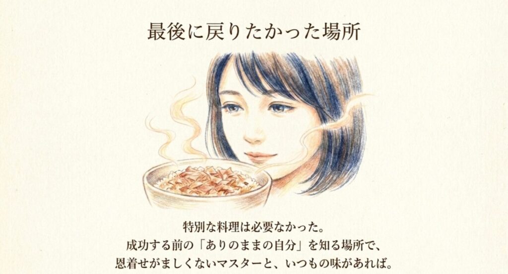 成功前の自分を知るめしやへ戻り猫まんまを味わう千鳥みゆきの心情を表したスライド