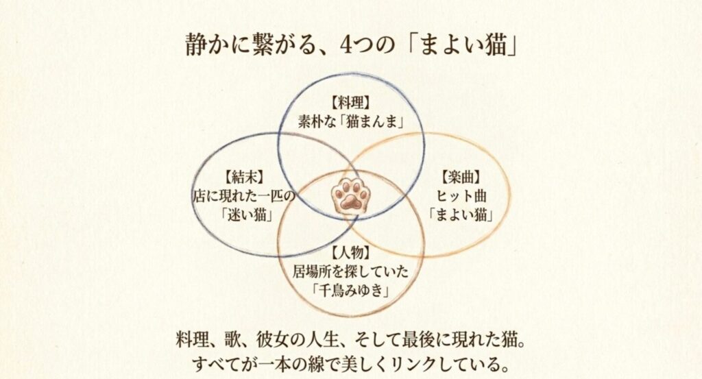 料理の猫まんま、楽曲まよい猫、千鳥みゆき、最後の猫の四つのつながりを示した図